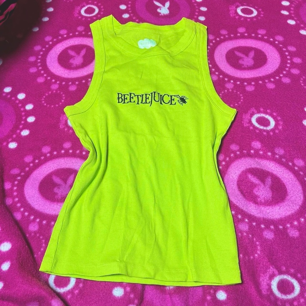 Beetlejuice Neon Lime Green Scoop Neck Cropped Tank Top Size XXS